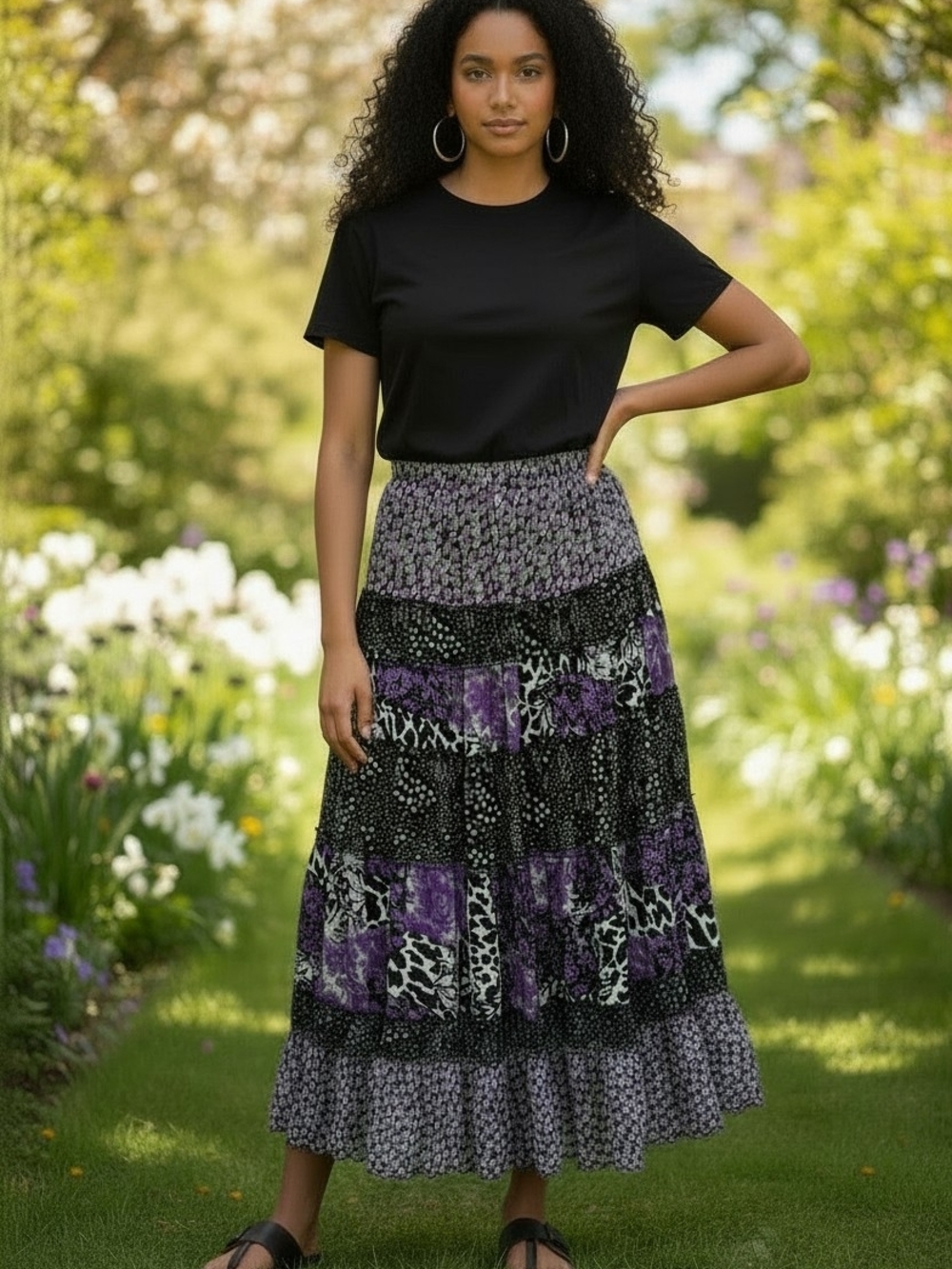 Vintage 90s Purple & Black Patchwork Tiered Maxi Skirt Size M Witchy Boho